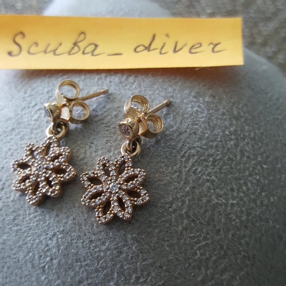 PANDORA 14K Solid Gold ALE 585 Lace Botanique Dangle Earrings Retired RARE - Picture 4 of 13